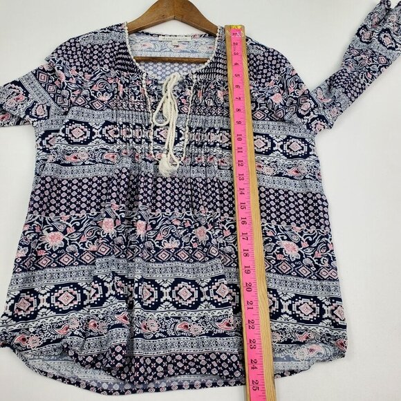 Daniel Rainn Navy‎ Red Floral Peasant Boho Top Size M Long Sleeve Lightweight - Picture 14 of 14